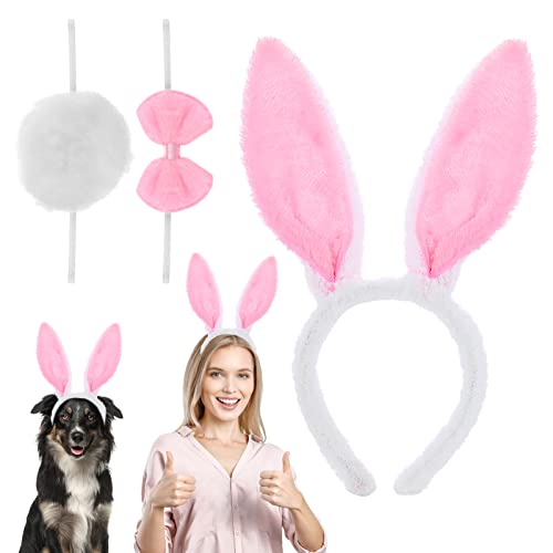 WLLHYF 3 Stück Ostern Hasenohren Set Ohren Stirnband Häschen Kostüm Hasenohren Stirnband Krawatte und Schwanz Kostüm Cosplay Party Zubehör für Kinder Frauen Mädchen Weihnachten Halloween