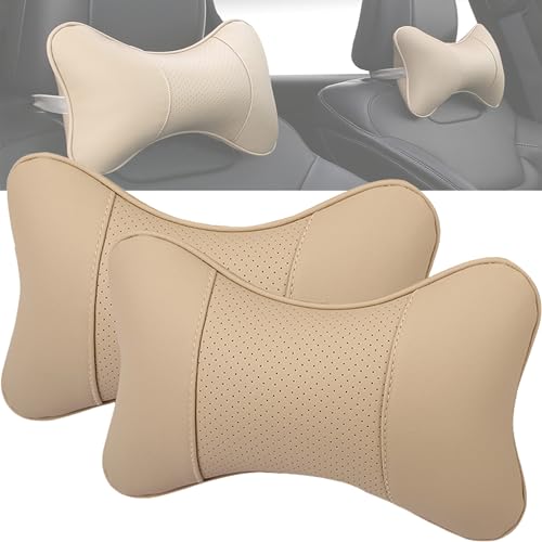 YUEMING 2 Stück Auto Nackenkissen, PU-Leder Weichheit Auto Kopfstütze Kissen zum Fahren, Sicherheit Ergonomische Nackenstütze Kissen für Autofahren Reisen,29 * 19CM (Beige)