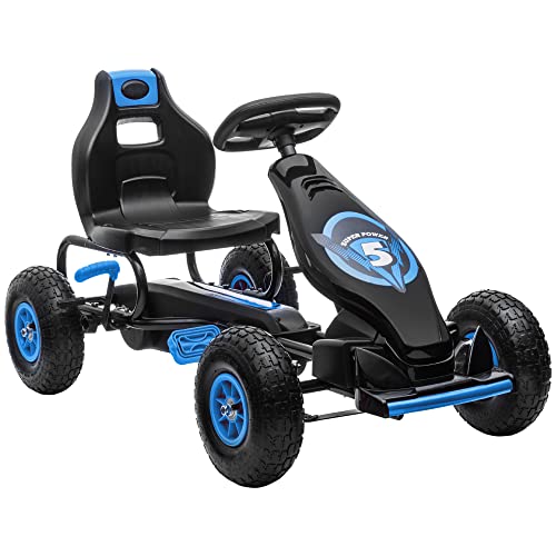 HOMCOM Gokart, Kinderfahrzeug mit verstellbarem Sitz, Tretfahrzeug mit Gummireifen, Pedal und Handbremse, Kettcar für 5-12 Jahre Kinder, Outdoor, Blau