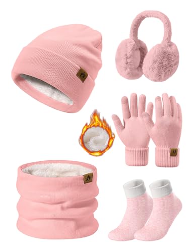 UMIPUBO Mütze Schal Handschuhe Damen Winter Set Wintermütze Fleece Gefütterte Beanie Loop Schlauchschal Wärmer Touchscreen Plüsch Ohrenwärmer Verdickte Ohrenschützer Socken-5 Stück Set，Rosa