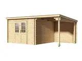 Woodtex Holz Gartenhaus Blockbohlenhaus CA2976 | Wandstärke 28 mm | Naturbelassen | Mit 2 m Anbau | B x T x H: 496 x 309 x 204 cm | Doppeltür Mit Echtglas