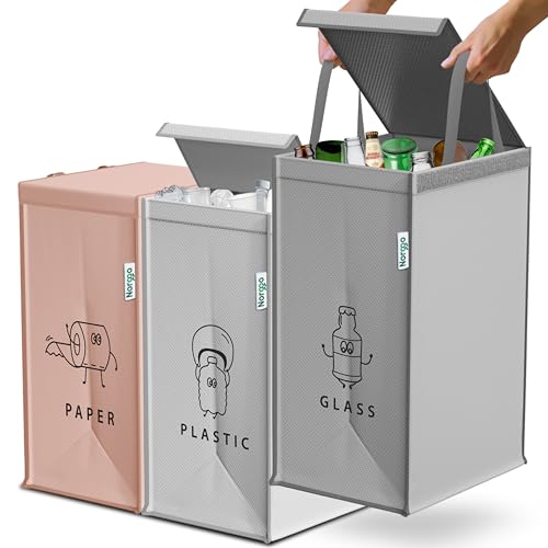 Norggo® Mülltrennsystem 3fach – Set aus 3 Mülltrennsysteme für Plastik, Papier und Glas – Recycling Behälter 40L mit Griff – Abfall & Recycling Lösung – Mülltrennsystem Küche – Altpapier & Altglas