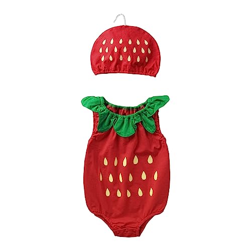 Kleinkind Mädchen Jungen Kostüm Halloween Süße Erdbeere Wassermelone Strampler Karotte Ananas Overall mit Hut 2-teiliges Set Baby Obst Cosplay Kleidung Set 0 bis 18 Monate (Red, 6-12 Months)