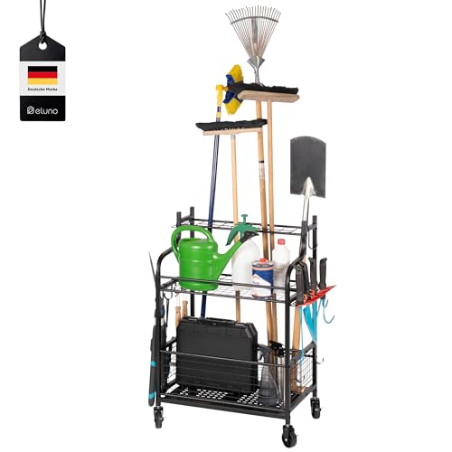 eluno Gartengeräte-Organizer, Gerätewagen mit Ablagen und Körben - ideales Ordnungssystem für Haus- und Gartengeräte wie Besen, Harke, Rechen, Spaten u.v.m. aus schwarzem Stahl