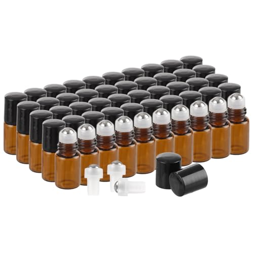 CYEER 50 Stück Ätherische Öle Roller Flaschen, 2ml Roll on Glasflaschen mit Edelstahl Roller Bällen, Klein Braun Roll on Flasche mit Rollenkugel für Ätherisches Öl, Spa, Massage, Aromatherapie