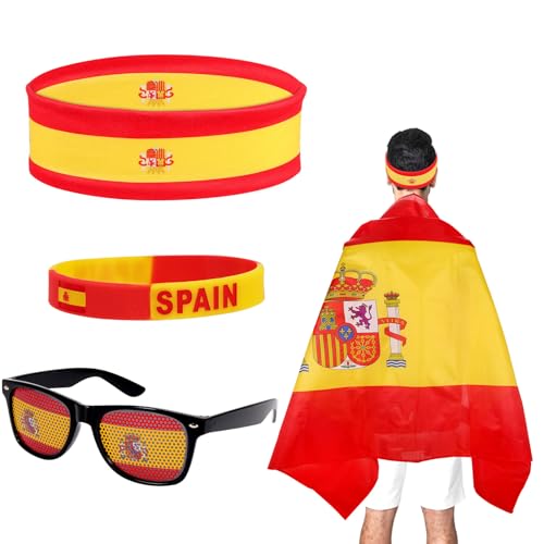 Spanien Fahne Umhängen Kostüm Set, Spanien Haarreifen Haarreif Armband Spassbrille Spanien Brille für Männer Frauen Halloween Karneval Cosplay WM Zelebrieren