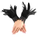 Qianyu Damen Feder Handgelenk Manschetten Schwarz Vintage Feder Manschette Spitzenflügel-Armbänder Gothic-Mesh-Armband Zubehör für Halloween Karneval Kostüm Rollenspiel Party Game