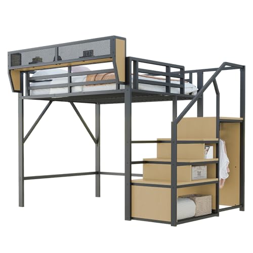 Hochbett mit Schreibtisch, 140 x 200 cm, Kinderhochbett mit Treppe und Kleiderschrank, mit Stauraum und Regal, praktischer Schreibtisch im zweiten Stock, Metallbett, Doppelbett, (Schwarz, 140 x 200)