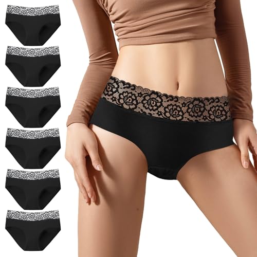 EKSHER Unterwäsche Frauen 6er Pack Baumwolle Unterhosen Slips Damen Sexy Spitze Panty Mittel Taille Sportunterhosen Weich Hipster Schwarz XL