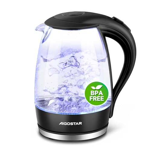 Aigostar Adam - Wasserkocher Glas 1,7 Liter, 2200 Watt, LED-Beleuchtung, 100% BPA Frei, Verdicktes Borosilikatglas Wasserkocher mit Kalkfilter, 360° Edelstahl Sockel, Trockenaufschutz, Schwarz