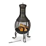 Relaxdays Terrassenofen, Stahl & Gusseisen, HxD: 88x36 cm, Gartenkamin Funkenschutz, Chiminea, Aztekenofen, schwarz/Gold