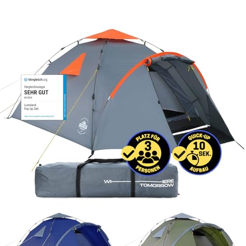 Lumaland Pop Up Zelt | 3-4 Personen Familienzelt | Wurfzelt Innenmaße 210x210x120 cm | Wasserdicht & Windfest | Ideal als Camping, Festival & Reise Zelt | Ultraleicht & Robust [Grau]