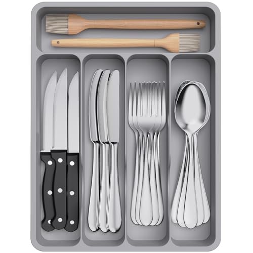 Lifewit Besteckkasten für Schubladen, Besteck Organizer Schublade Organizer Küche Kompakt Besteckeinsatz Utensilienhalter für Schublade aus Kunststoff für Löffel, Gabeln, 5 Fächern, Grau