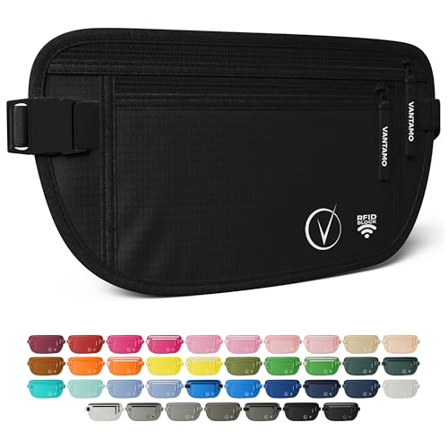 Vantamo Versteckter Geldgürtel für zusätzliche Sicherheit, RFID-ultradünne Bauchtasche, 2 Fächer, Geldtasche für Reisepass und Handy, Onyx