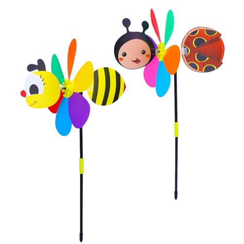 LEMONSTONE Windrad Kinder, 2 Stück Windräder Tiere, 3D Windmühle, Windrad Biene und Marienkäfer, 54cm Windrad Garten, Windräder Spielzeug für Deko Garten Balkon Terrasse, LW2137
