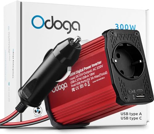 Odoga Wechselrichter 12V auf 230V – 300 W Spannungswandler, Stromwandler mit 3A USB-C und USB-A Anschluss, Inverter 12V 220V, Auto Steckdose, Laden Sie Ihr Laptop, iPad, iPhone, Tablet Und Mehr