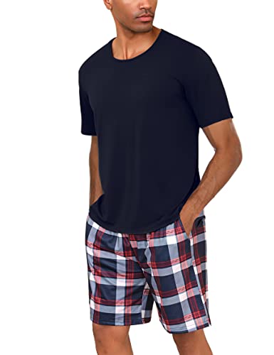 Uniexcosm Schlafanzug Herren Baumwolle Kurz Zweiteiliger Pyjama Set Nachtwäsche Kurzarm Oberteil und Karierte Schlafanzughose Hausanzug Sleepwear A:Dunkelblau XXL