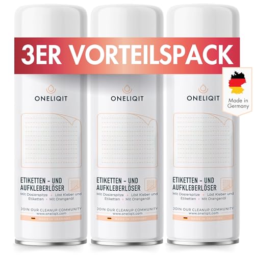 ONELIQIT® Etikettenentferner, Etikettenlöser, Klebereste Entferner mit Orangenöl 3x 200ml für das einfache Entfernen von Etiketten, Aufklebern, Vignetten & Klebstoffen