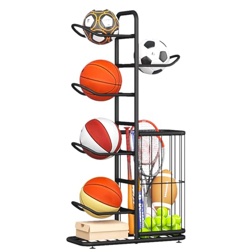ZPONEED Ballständer Basketball Aufbewahrungsregal Für Sportgeräte, Ballregal, Abnehmbares Standing Rack Halter with 5 Ball Ständer Und Körben, Basketballkorb für Rugby Volleyball Fußball Display