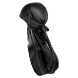 WLLHYF Silky Durag Herren-Seidenhaube, 360 Wellen, ultraweiche Wellenkappe, Premium-Satin-Durags, extra Langer Schwanz, Schwarz