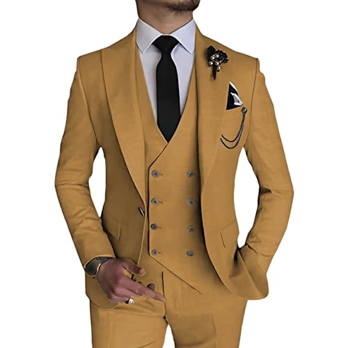 Herren 3 Stück Double Breasted Anzug Slim Fit Business Bräutigam Smoking Anzüge Formaler Anzug für Hochzeit Prom Dinner Party (Helles Braun,4XL)