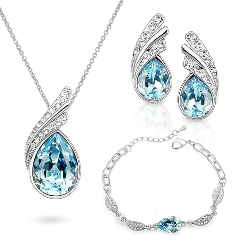 Crystalline Azuria Tropfenform Kristalle Blau Simulierter Aquamarin Schmuck-Set Halskette Ohrringe Armband 18 kt Weiß Vergoldet