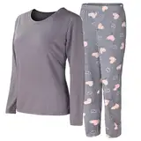 HEYO Schlafanzug Damen Lang Pyjama aus Baumwolle Zweiteiliges Set Langarm Shirt Lange Pyjamahose HPD04 (DE/NL/SE/PL, Alphanumerisch, XL, Regular, Regular, Grau - Herzen)