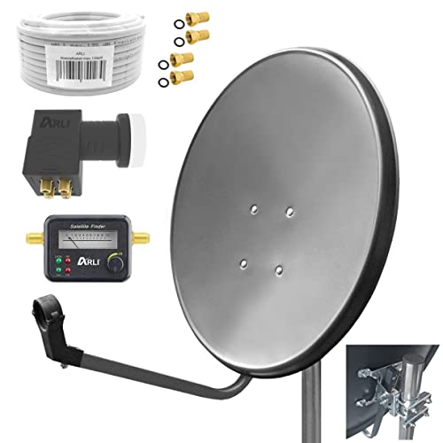 60cm HD Sat Anlage Quad LNB + 15m Koaxialkabel 135dB + Satfinder + 4 F-Stecker Digital 4 Teilnehmer Antenne Grau UHD 4K