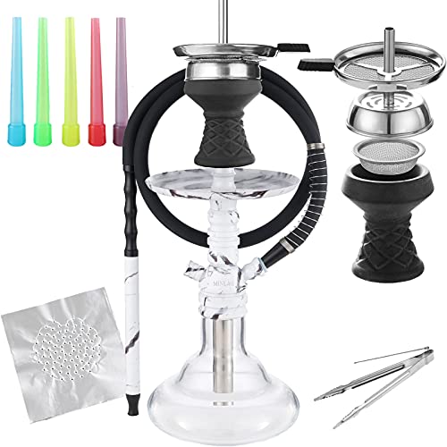 Shisha Set Komplett mit Schlauch Bowl Kaminaufsatz Kopf Sieb Anschlüsse Mundstück Zange Zubehör Silikonschlauch Hochwertige, Carbon Glas Klein Hookah Aluminium Wasserpfeife Shisha Weiß