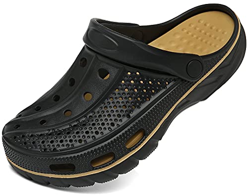 Unisex Clogs Pantoletten Sommer Hausschuhe Strand Sandalen Gartenschuhe mit Fußbett aus Weichem, Schwarz Golden, 44/45 EU (290)