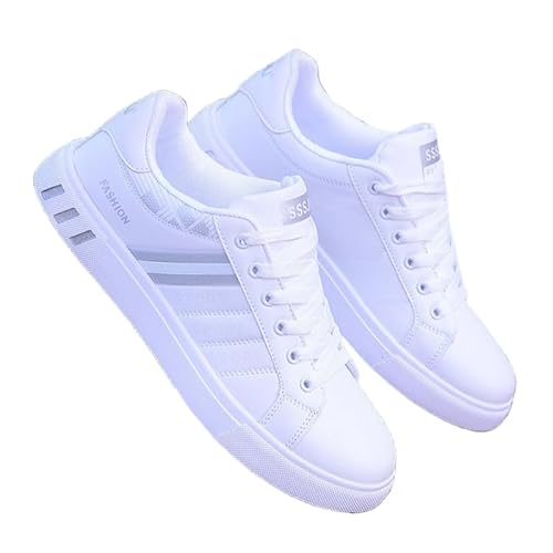 JXpxbao Herren-Sneaker Zum Schnüren, Gestreiftes Design, Skateboard-Schuhe Mit Guter Traktion, Atmungsaktiv Und Bequem (Weiß und Grau,45)