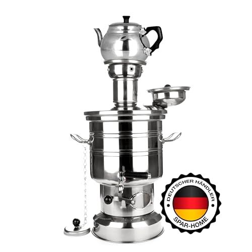 Bergmann Premium Holzkohle Chrom Samowar - Handgefertigte Türkische Teekocher Semaver für Camping Garten Outdoor Wasserkocher mit Teekanne Samawar 3,5 Liter Teekanne 1,0 Liter