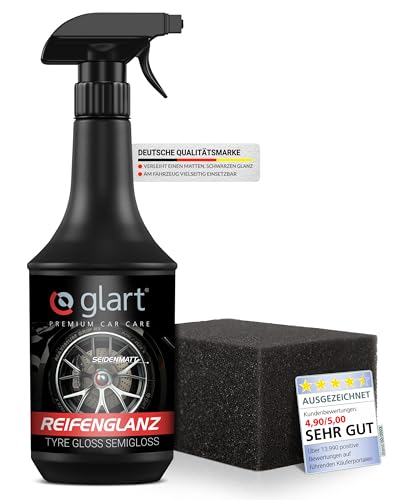 Glart Reifenglanz Reifenglanzspray - Tire Shine, Reifen Schwarz, für matten Seidenglanz - 1000ml Reifenpflege Auto inkl. Auftragsschwamm für Reifen Glanz & Profi Autopflege - Gummi Pflegemittel Auto