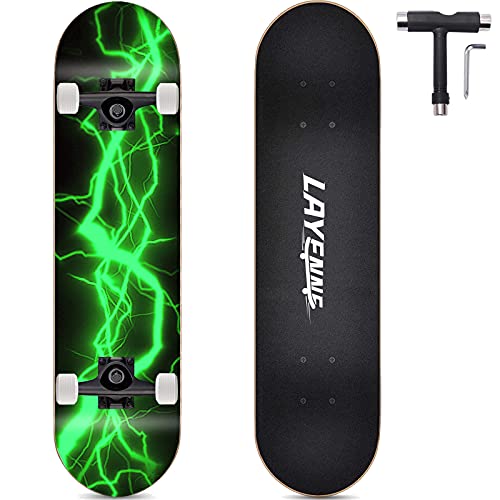 LAYENNE Skateboard, 31 * 8 Zoll Komplettes Skateboard, 7 Schichten Ahorn Skateboard Deck, ABEC-11 Halterung, Geeignet für Erwachsene, Anfänger, Jungen, Mädchen, Jugendliche und Kinder-Green