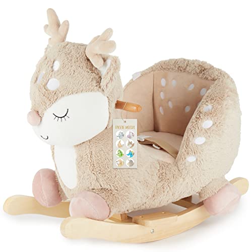 Bieco Plüsch Schaukeltier REH, 60 cm | Kinder Schaukelstuhl mit Sicherheitsgurt | Baby Schaukel | Kleinkind |Schaukelwippe ab 9 Monate | Schaukelpferd Holz