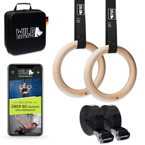 Wild Instincts® Premium Turnringe Holz 32mm mit WebApp/Trainingsringe mit Gurtbändern + Tasche/Ringe Training/Gymnastikringe zum Turnen/Calisthenics Ringe/Gymnastic Rings