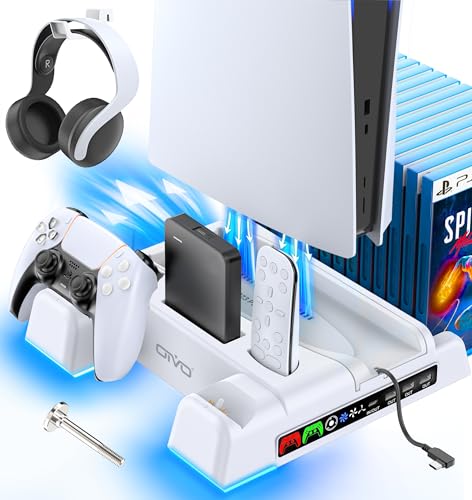 OIVO PS5/PS5 Slim Ständer mit 3 stufig Lüfter und Licht, PS5 Standfuß mit 4 USB Ports/Controller Ladestation/Remote Steckplatz/14 Spiele Aufbewahrung für PS5 Zubehör (Nicht für PS5 PRO)