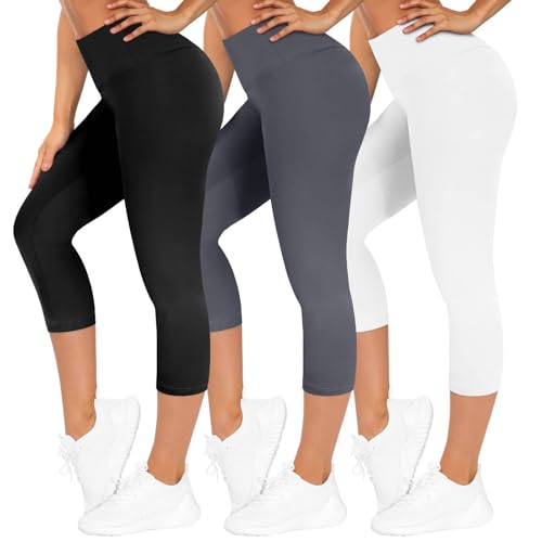 TNNZEET 3er Pack Capri Leggings Damen 3/4 für Sport, 7/8 Leggins High Waist Sporthose für Gym(Schwarz/Dunkelgrau/Weiß,L-XL)