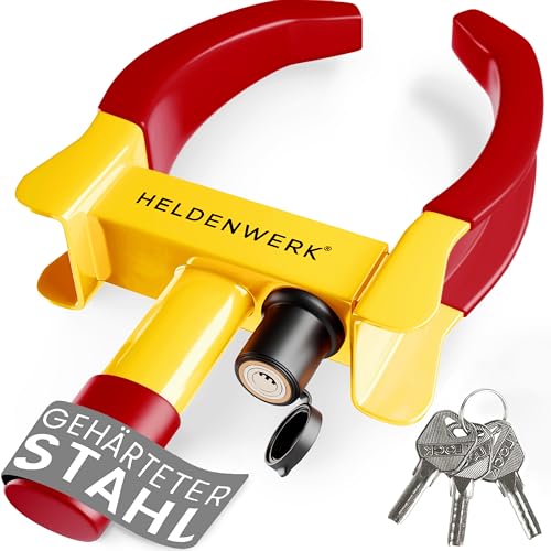 HELDENWERK Parkkralle inkl. Sicherheitsschloss & 3 Schlüsseln - Radkralle für Auto, Wohnwagen, Anhänger, Motorrad - PKW Reifenkralle, Autokralle, Rad-Kralle für 18-30cm Reifenbreite (Gelb/Rot)