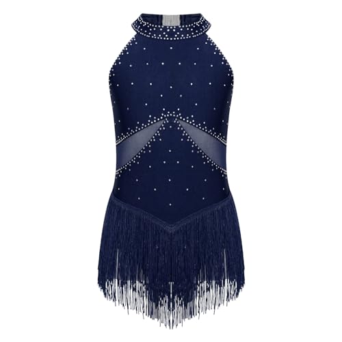 Agoky Mädchen Strass Leotard mit Fransen Mesh Patchwork Tanz Body Eiskunstlauf Kleider Latein Rock Dancewear Navy blau 134-140