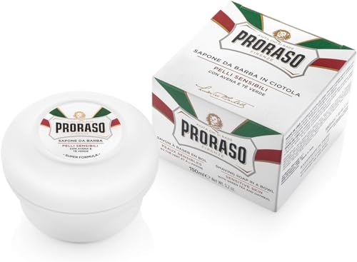 Proraso Shaving Soap inklusive Seifenschale, hautschonende Rasierseife für Herren mit Grünem Tee & Hafer, Rasiercreme für sensible Haut, Made in Italy, Weiss , 150 ml (1er Pack)