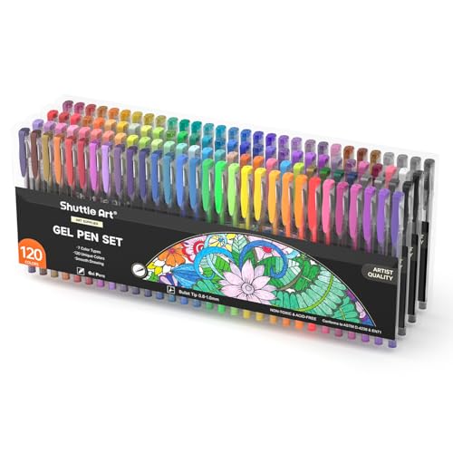 Shuttle Art Gelstifte, 120 Farben Gel Malstifte für Erwachsene Packung, Gelschreiber Set mit Glitzer Metallic Neon Pastell Swirl Farben, Gelstifte für Kinder und Erwachsene Malbücher Kritzeln Zeichnen
