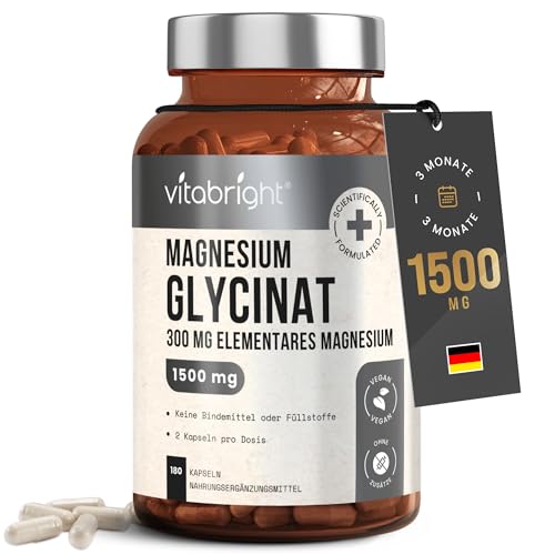 Magnesium Glycinat 180 Kapseln | 300mg Elementares Mg | 1500mg Pro Dosis | Magnesium Bisglycinat Pulver | Magnesiumglycinat Hochdosiert Ohne Zusatzstoffe | VitaBright Bio Magnesiumbisglycinat