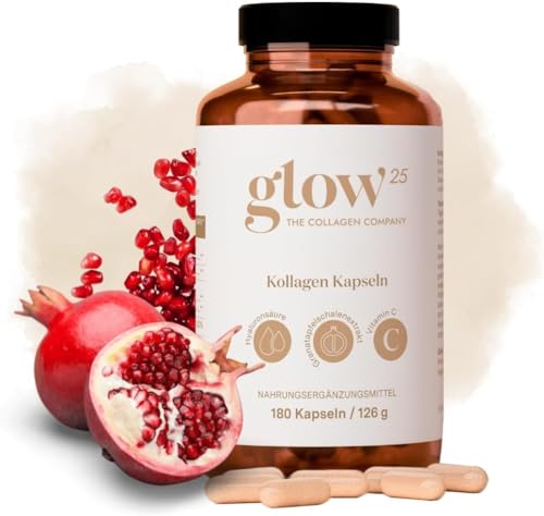 Glow25® Kollagen Kapseln hochdosiert [180 Kapseln] mit Hyaluronsäure und Vitamin C | Premium Collagen Complex für eine schöne Haut | Ohne Zusatzstoffe | Laborgeprüft | Made in Germany