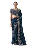 TRENDMALLS Damen Rangoli Seide Heavy Embroidred Sari mit Unstitch Bluse Piece (K954-Morpeach), Blaugrün, Blau, Einheitsgröße