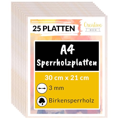 Creative Deco 25 x A4 Sperrholzplatte 3mm | 300 x 210 (+/- 0,5) mm | Birkensperrholz Dünne holz-Zuschnitte | Perfektes Blatt für Laubsäge, Brandmalerei, Laserschnitt, CNC Router, Durchbrochenes