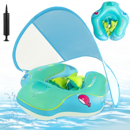 XUNIVERS Schwimmring Baby mit Abnehmbarem Sonnendach,Aufblasbarer Baby-Schwimmkörper,Schwimmring mit Verstellbarer Sicherheitssitz,Schwimmreifen Lustiges Wasserspielzeug,für ab 3-36 Monate.