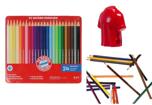 FC Bayern München Buntstifte Set mit 24 Buntstiften und Triktotspitzer 25-teiliges Schulset Malset FCB