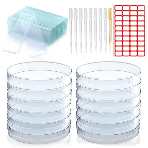 15 x Kunststoff-Petrischalen mit Deckel, Sterilisierte Petrischale, Petrischale Transparent mit 10 Plastik Tropfer 3ml und 10 Aufkleber und 50 objektträger mikroskop, für Laborkultur Bakterienhefe