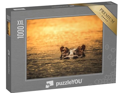 Puzzle 1000 Teile XXL „Nilpferd im Sonnenuntergang, Selous-Wildreservat, Tansania“ – aus der Puzzle-Kollektion Safari, Nilpferde, Tiere in Savanne & Wüste